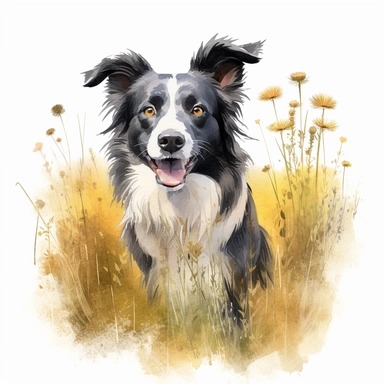 Watercolour art style realistic extreme detail Border Collie dog playing the long grass png image that can be used as clipart