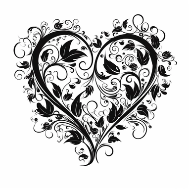 black flourish and swirls vector art with small hearts isolated on a white background, clipart