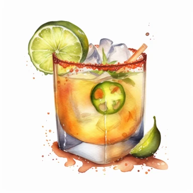 hand drawn spicy margarita, very detailed and realistic, watercolor, white background with margins, clipart style — uplight