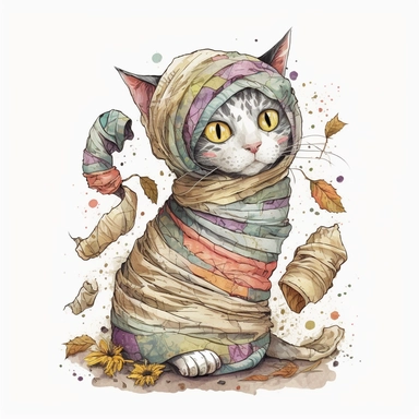 cute mummy cat halloween, Watercolor style, Clipart,highly detailed on white background