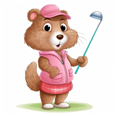 simple clear detail cute female groundhog wearing pink golfing clothes and holding a golf club cartoon clipart on a white background