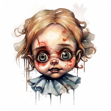 a headshot showing the scary face of a possessed doll, watercolor, ultra high-detail, dark outlines, clipart