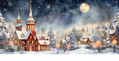 peaceful Christmas eve in the village, at dusk, intricate, ornamental watercolour clipart