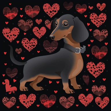 dachshund short hair, clipart, vector, black background with red hearts-- tile-- ar 1000:1000-- s1500