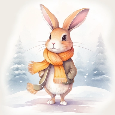 Cute HARE clipart ,happy expression, standing on SNOW in dynamic pose, with LONG LEG ,SOFT FUR, wears a COZY WOOLEN HAT AND SCARF WITH LONG WAR FLAPS, AND SCARF WRAPPED AROUND ITS NECK,front view, in the style of watercolor cartoon clipart, kate greenaway style, high resolution, composition free space, pastel color scheme, soft and tender, watercolour clipart, watercolor illlustration for kids and children,isolated white background, clipart most popular on etsy, book illustration, featured on dr