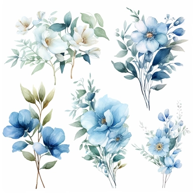 realistic watercolor aqua floral cliparts white background