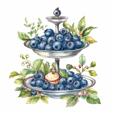 Watercolor blueberries Farmhouse tiered tray, breakfast window , watercolor clipart, details