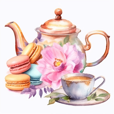 Clipart of set of teapot and cup set in the style of light gold and pink ,decorate with flower serving flowering tea, with a plate of macarons, Watercolor, pastels, clipart, beautiful, colourfull, png transparent white background, high resolution, watercolour, 8k, hyper-realistic, isolated on a white background. q4 s2.