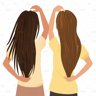 clipart of bestfriends, cute, girl friends, holding up a hand and forming a heart shape together, facing backward, long hair, tanned skintones, white background