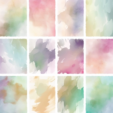 Nine abstract watercolor background vector clipart, in different light pastel colors, diffused into one another, hazy romanticism, free brushwork