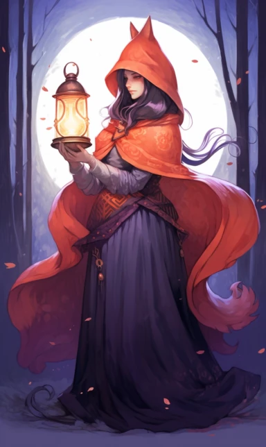 light watercolor pencil sketch, bright, clipart on white background, dreamy, Studio Ghibli, Woman holding a lantern. Dark purple, dark blue, orange palette. Gorgeous woman with Halloween inspired ball gown holding a lantern . Calico cats. Long velvet cape and hood.