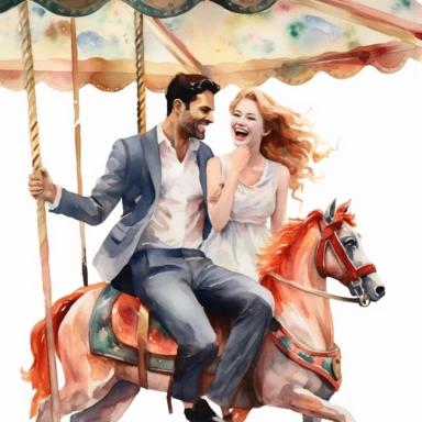 joyful COUPLE, riding a vintage carousel, their laughter blending with the music, watercolor, Pixar style, Clipart on a white background