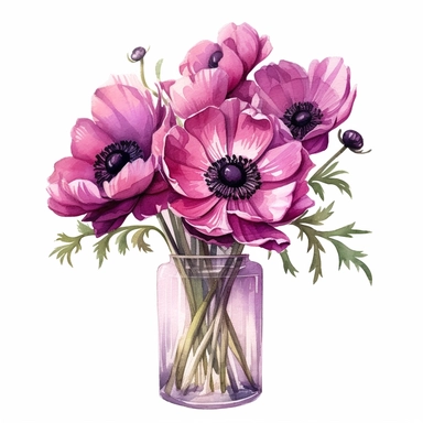 dark Magenta anemone flower bunch, watercolor, clipart, highly detailed, HD, flower bunch in a glass vase
