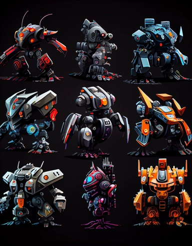 cool tiny japanese mech robots, clipart collection black background, bold lines, various styles and colors, many tiny mechs