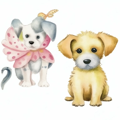 2 cute whimsical puppy cliparts, dogs, Canis lupus, realistic, photorealistic, anatomically accurate, lifelike, doodled by a child, folk art, watercolor texture, soft brush strokes, clipart on white background, high resolution, free margins