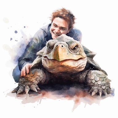 Adorable pet Alligator Snapping Turtle having happy moment with it's human owner, water color style, clipart, white background