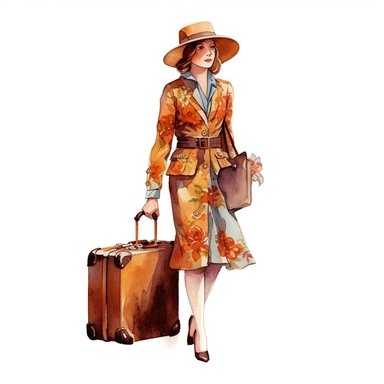 a vintage young lady carrying a Leather brown retro bag , floral, james christensen style,illustration Watercolor hand painted vintage suitcase design. Travel concept clipart,white background with margins , white background for removing background - - no text shadow font watermark
