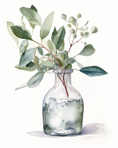 watercolor Eucalyptus in bud vase white background watercolor detailed ilustration, white background, clipart