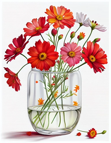 detailed vibrant watercolor bouquet of red cosmos in ceramic glass vase with water in white space , isolated on white background, realistic, clipart