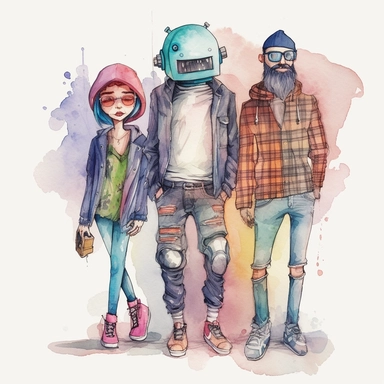 An evil robot standing next to three hipsters. clipart, aquarell, UHD