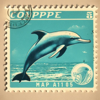Postage stamp clipart of [dolphin], paper, clean crisp minimilistic illustration, [turquoise] colors