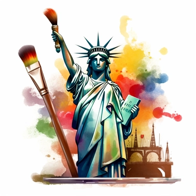 he statue of liberty in front of an easel holding a paintbrush in her right hand-art supplies-clipart-sticker
