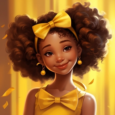 illustration concept of cartoon african girl with a bow clip art, in the style of lilia alvarado, yellow and gold, poodlepunk, walt disney, realistic portrait drawings, charming anime characters, 32k uhd