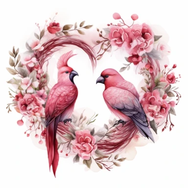 Romantic Clipart, Anniversary Celebration, Heart Wreath, Love Elements, Red and Pink Colors, Wedding Rings, Lovebirds, Watercolor, single design,