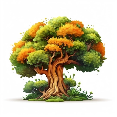Clipart, cartoon bush in safary, in the style of imax, playful and lighthearted compositions, childlike innocence and charm, light orange and green leaves in the crown of the tree, uhd image, realistic and hyper - detailed renderings, movie still, utilizes, white background