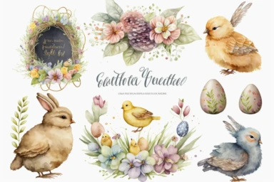 easter items clipart set isolated on white. Watercolor easter concept illustration set. Easter themed design on a white background, watercolor, hyperrealism, high detail, separate elements, set