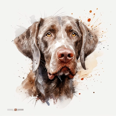 cute Slovakian Rough-haired Pointer dog portrait, full face, centered shot, side shot, dynamically posed, in action, playful mood, happy mood, playing mood, cute face, adorable smile, childlike eyes, clean watercolor illustration, white background, nursery baby imagery, painting, detailed, 8k, PNG, clipart,