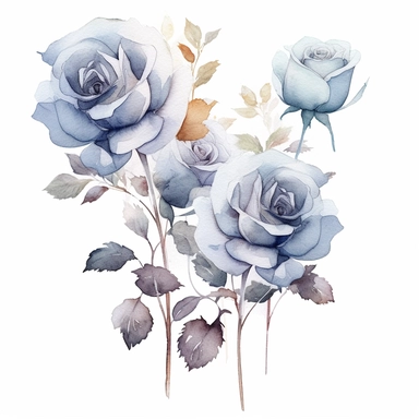 Watercolor dusty blue four roses clipart, four roses bouquet, muted color faded, white background