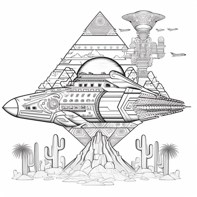 Spaceship, combine Mexican and Egyptian pyramides 5b887445-1ac4-44a1-97ca-12fa2278b91f , Contour Drawing, surreal fantasy abstract drawing, texture. 2D, symmetric, in the style of line art coloring page, black and white, vector drawing style, clipart, white background