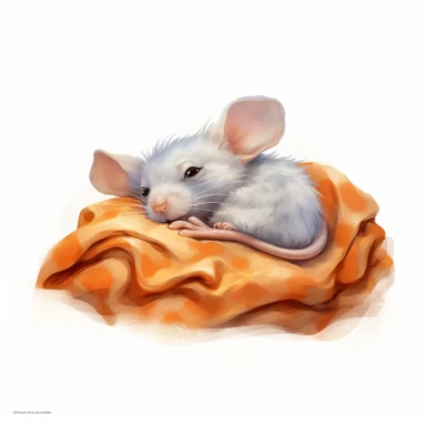 clipart vector image with plain white background of a watercolor painting of a grey mouse laying down curled up sleeping in a tiny bed with orange sheets. extremely detailed.
