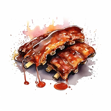 a clip art of BBQ RIBS, illustrated, drips, exploded, watercolor