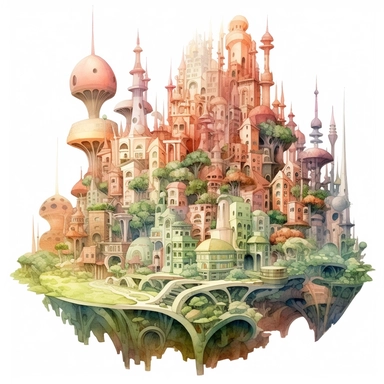 A whimsical watercolor design featuring a bioengineered cityscape, aquarelle fantasy clip art, biopunk fantasy, Marianne North, lush, Pierre-Joseph Redouté, intricate, moss green, petal pink, and earth brown, luminous, dramatic lighting, 8k resolution, zbrush, isolated on white background