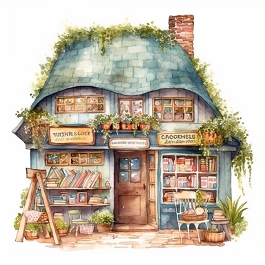 Watercolor Cottagecore Bookstore Clipart
