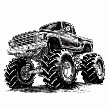 black and white monster truck clipart, 2d vector , sharp resolution, white background