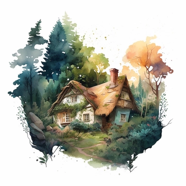 COZY semi-realistic scene of a cob cottage in the forest, wide angle view, transparent background, watercolour illustration style, dreamy, intricate, illustration, detailed , 8k, png, clipart style, deep colours