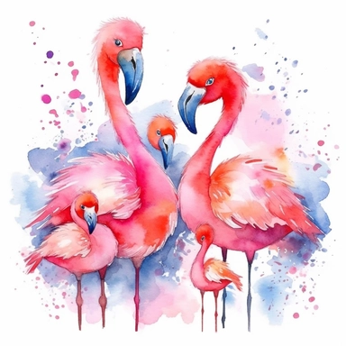 watercolour drawing family flamingos clipart, inspired by 90's cartoons, high resolution, bright colors, style suitable for children's book, smiling and more facial expressions, primarily of love and happiness