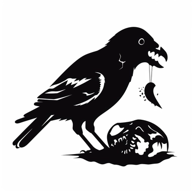 black and white silhouette of a halloween bird eating a dead animal, clipart style, white background, thick lines, vector, simple design, flat colour, solid colour