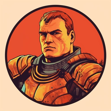 A Dungeons & Dragons character portrait circular tondo depicting a Slavic Moroccan desert knight, Butcher Billy Josh Kirby, Mad Max Lord of the Rings Discworld, handpainted retrowave, clipart illustration, circular solid background circular border