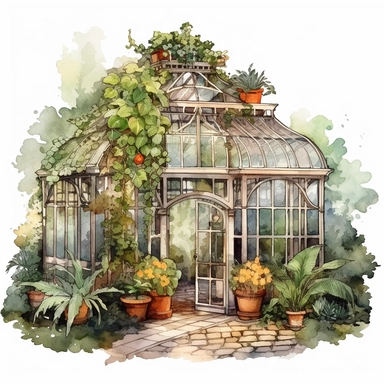 watercolor, garden greenhouse, clipart