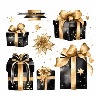 Cute Christmas present black and gold watercolor Clipart