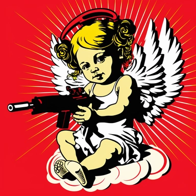 pop art baby sweat angel with machine gun K 112 drawing clipart animation realistic comic modern art