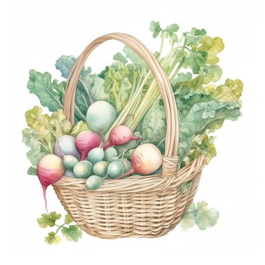 watercolor, hyper realistic, white background, white margins, 16k, ultra detailed clipart, cut out image, hand-drawn, whimsical manhwa style a basket filled with freshly harvested vegetables like radishes, peas, and beans. Soft pastel colors like mint green, pale yellow, and light pink