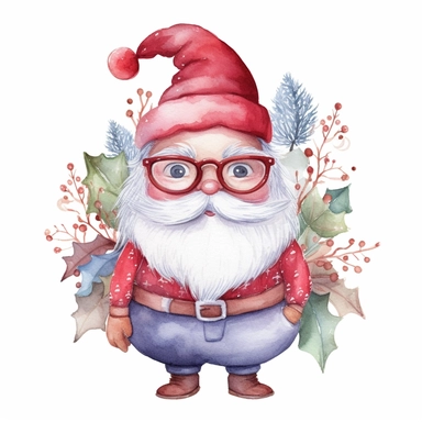 A watercolor painting of cute santa cute big eyes wear big glasses, santa Full body, have small leaf Berries Plant Isolate on top Hat, cute detailed digital art, whimsical and cute, cute detailed artwork, glimmering, adorable and whimsical, whimsical art, Clipart style, png style, svg style