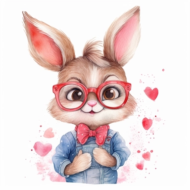 watercolor clipart, portrait of funny bunny in glasses, childlike innocence and charm, big and adorable in love eyes, cute and charming expression, funny and floppy ears, rosy cheeks, shy bunny, foreboding colors, valentines day themed cute, lovely hearts around the bunny