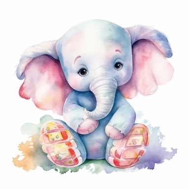 a captivating watercolor clipart image with a white background and white margins, featuring a cute sweet extremely happy stuffed plush elephant toy. The ultra-detailed, hand-drawn elements capture the details. Use vibrant shades of various colors to create a visually appealing image
