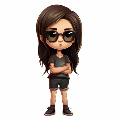 simple clipart cartoon of a 6-year old girl with brown hair and sunglasses, wearing a plain black T-shirt with arms crossed on a white background